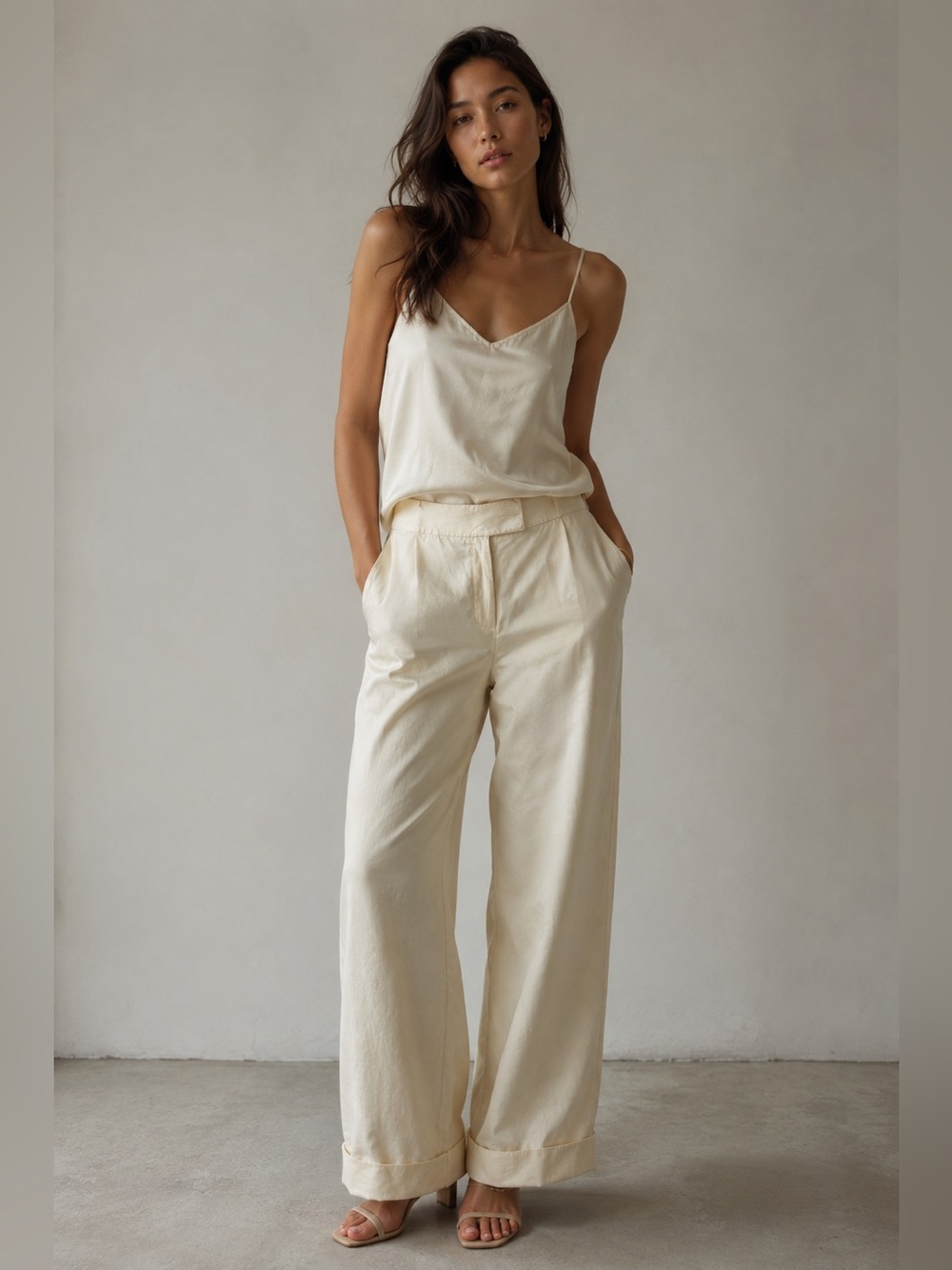 Y2K Due Per Due Silk Linen Blend Wide-Leg Pants Size 6 Ivory Cuffed Trousers
